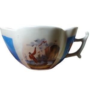 Antique Dresden Demitasse Cup Hand Painted Blue Water Scene‎ Floral Quarterfoil